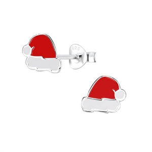 Juleøreringe - nissehue i sølv med rød emalje | BB10589